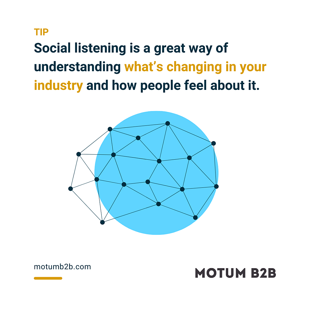 Connected dots on a blue background with a tip about social listening being a great way to understand what’s changing in your industry.