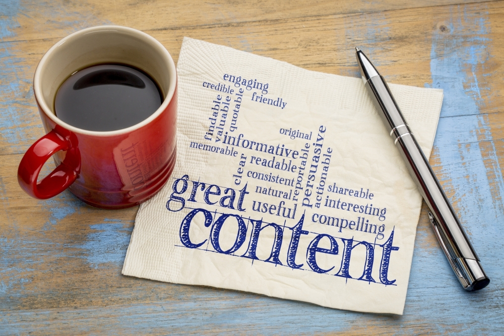 A coffee mug, pen, and napkin with 'great content' and several related words written on it