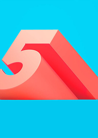 Large red number five sitting on blue background.