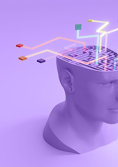 Abstract maze in the human head with glowing connection lines.