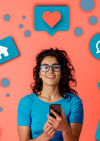 Lady holding a phone surrounded by icon bubbles