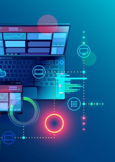 3D image of a laptop, mobile phone, and tablet with glowing overlays