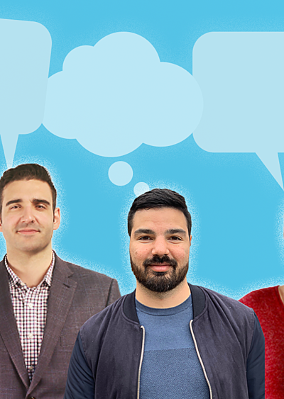 Motum B2B team members with thought bubbles above their heads.