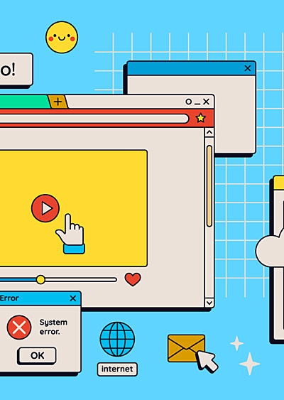 A colourful array of illustrated UI design elements on a blue background