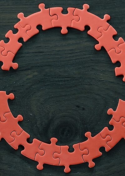 Two hands putting together a circular puzzle with red pieces