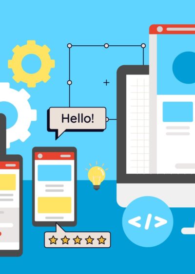A colourful illustration of various UI elements on different screens