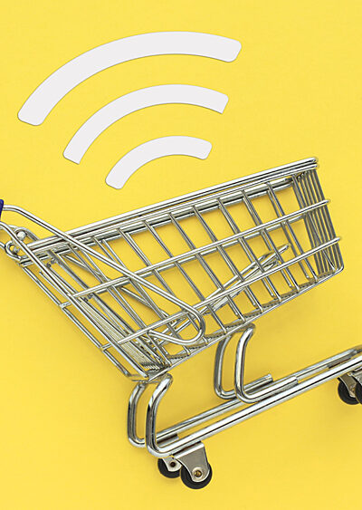 A shopping cart below a wi-fi icon.