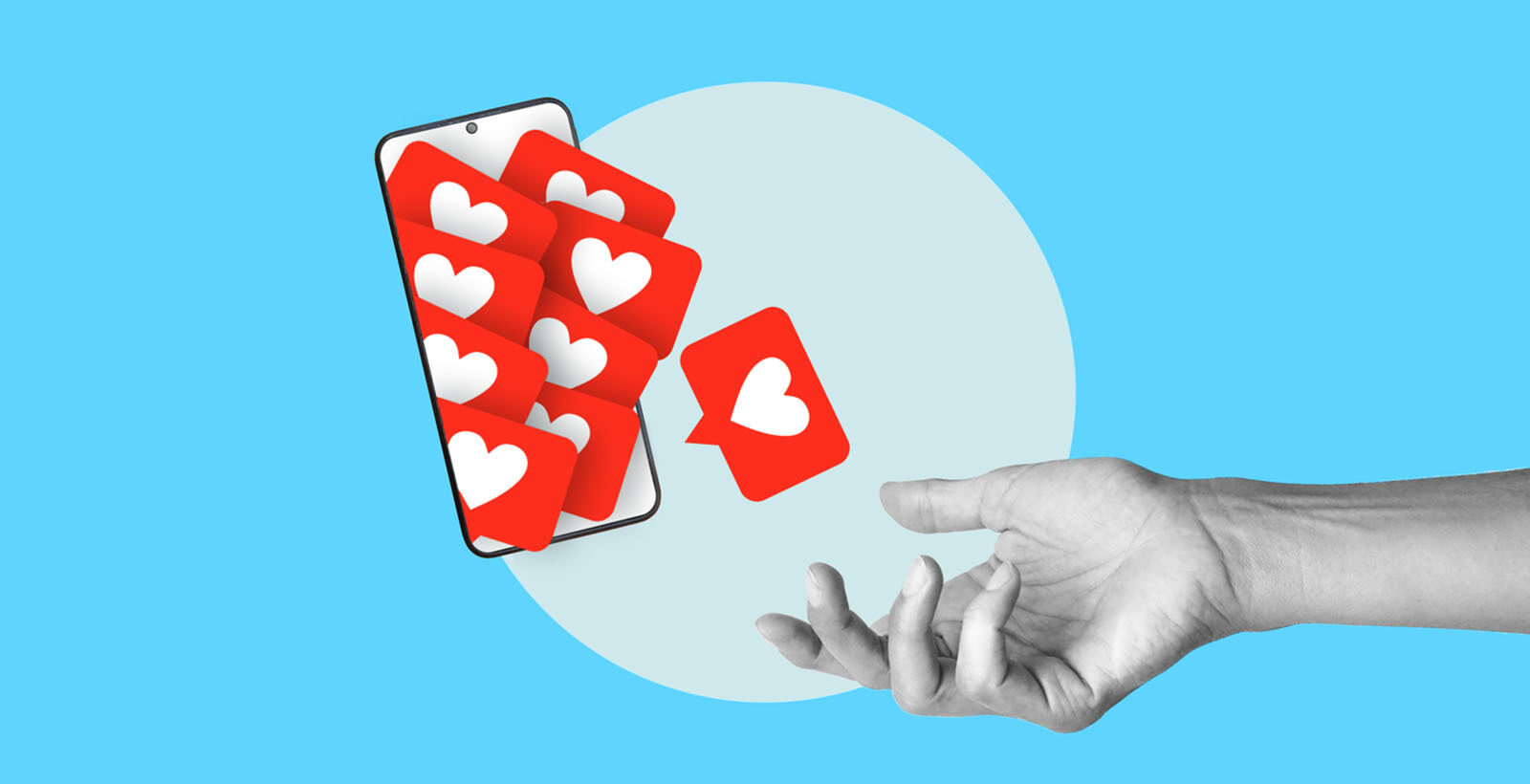 Social media likes fall from a smartphone to an open hand.