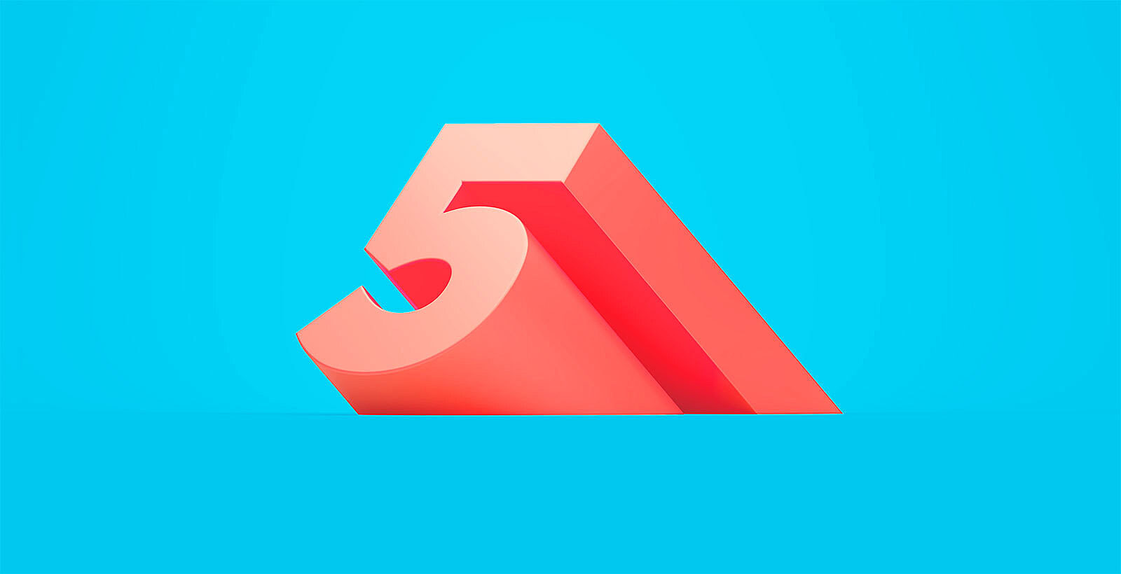 Large red number five sitting on blue background.