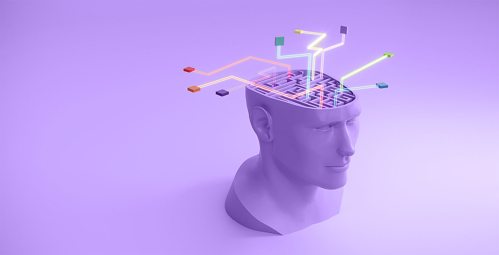 Abstract maze in the human head with glowing connection lines.
