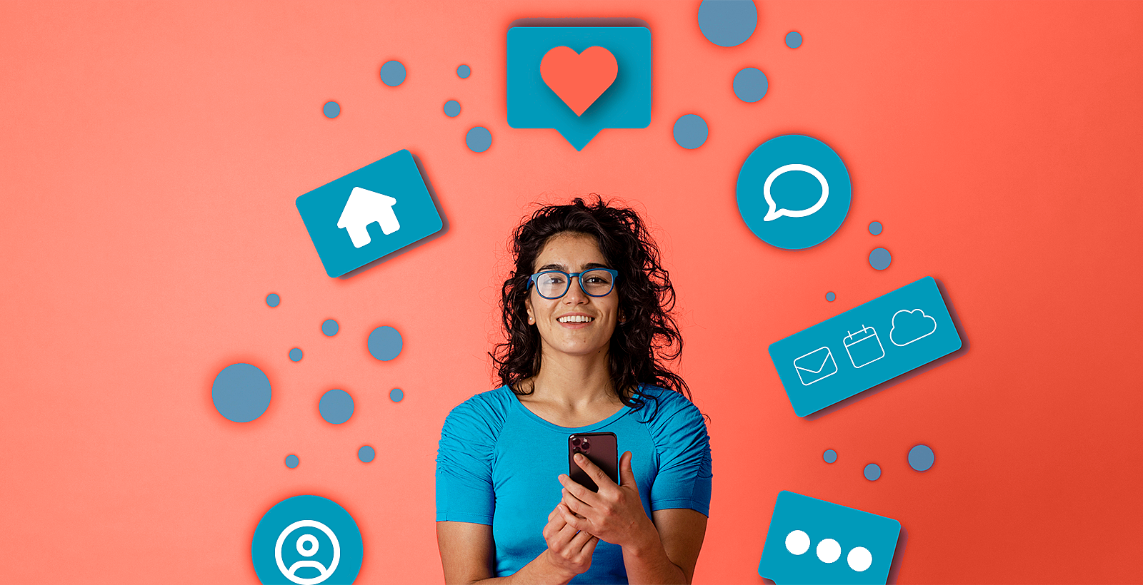 Lady holding a phone surrounded by icon bubbles