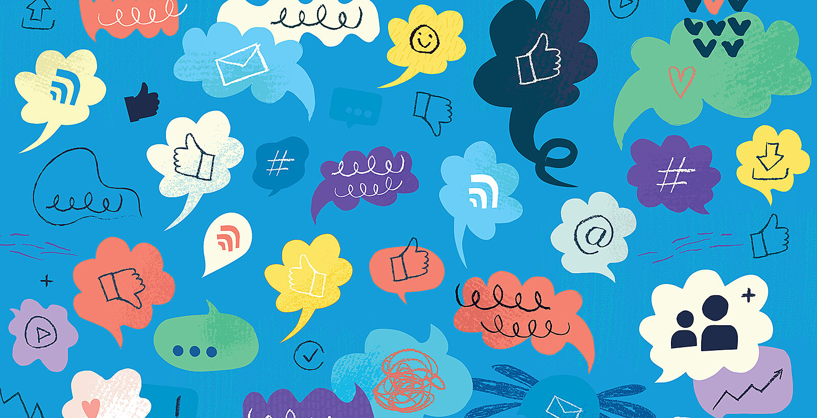 Colourful speech bubbles with hand drawn doodles and textures.