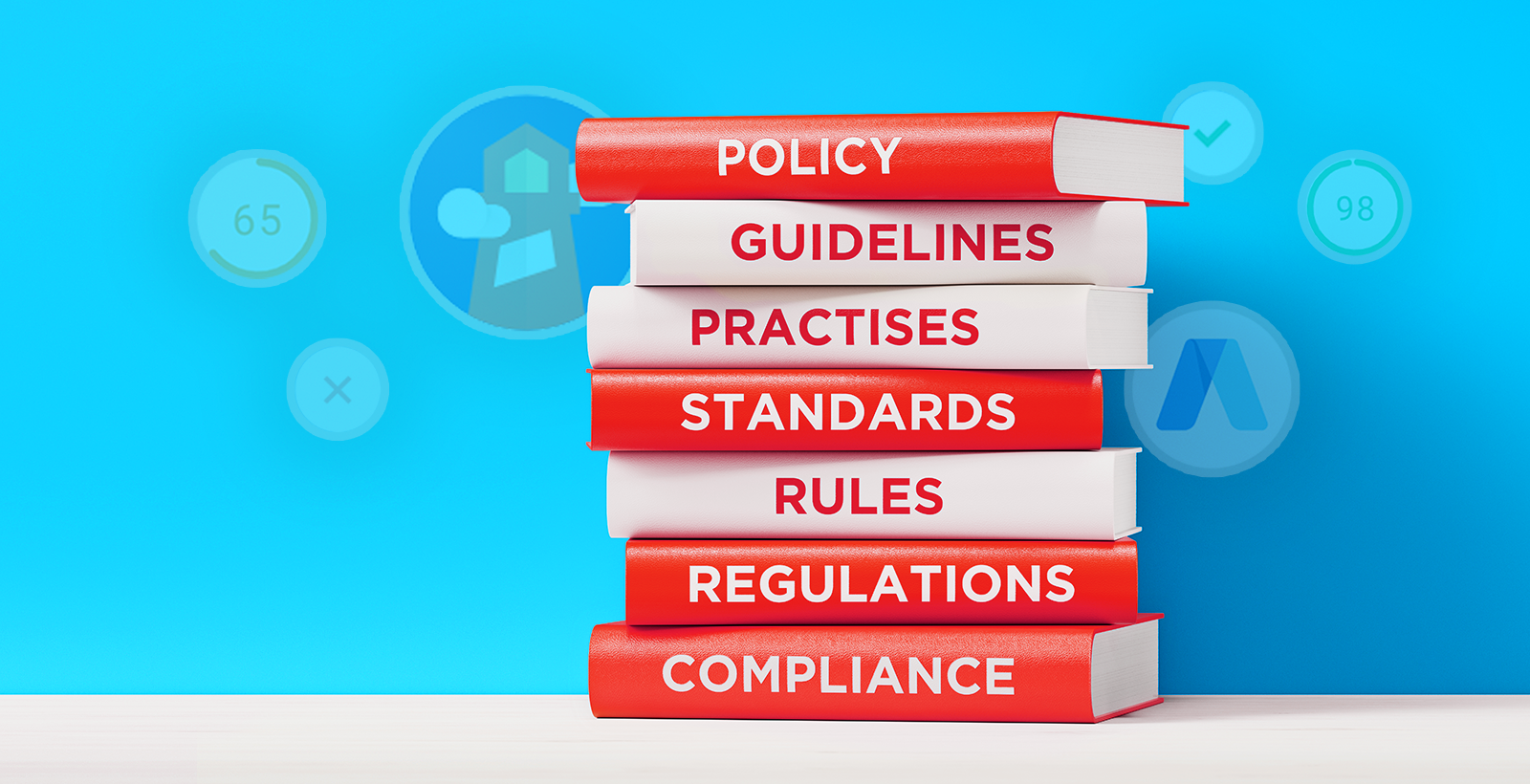 A stack of red and white books on a table with titles related to guidelines, standards, and compliance