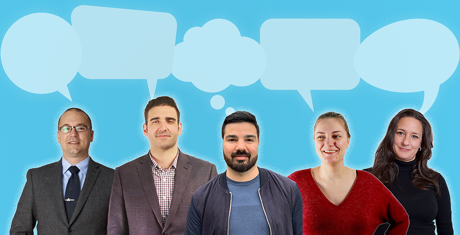Motum B2B team members with thought bubbles above their heads.