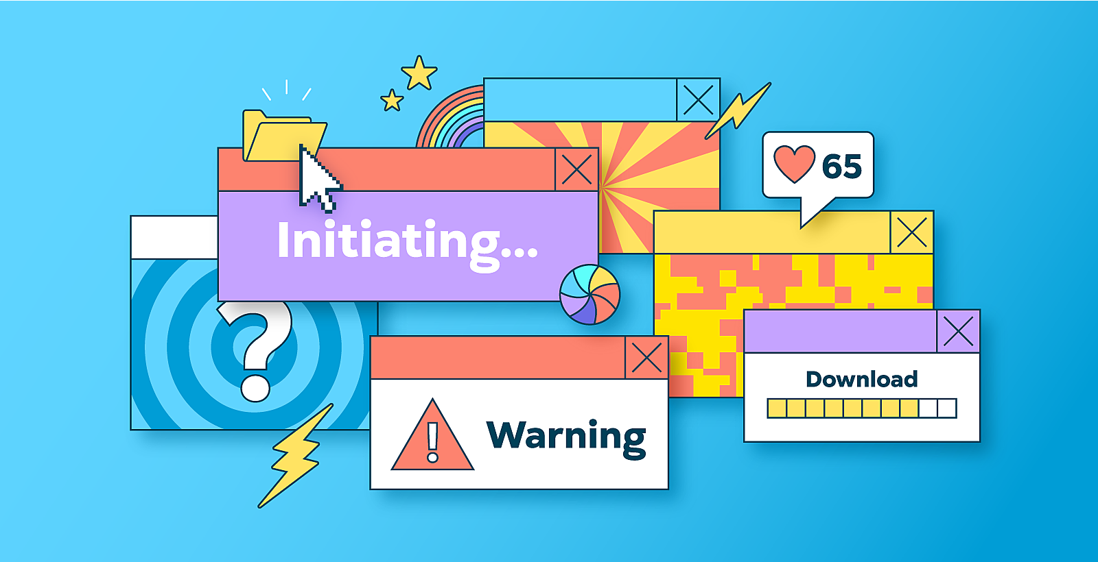 Colourful popups showing various technical alerts and warnings