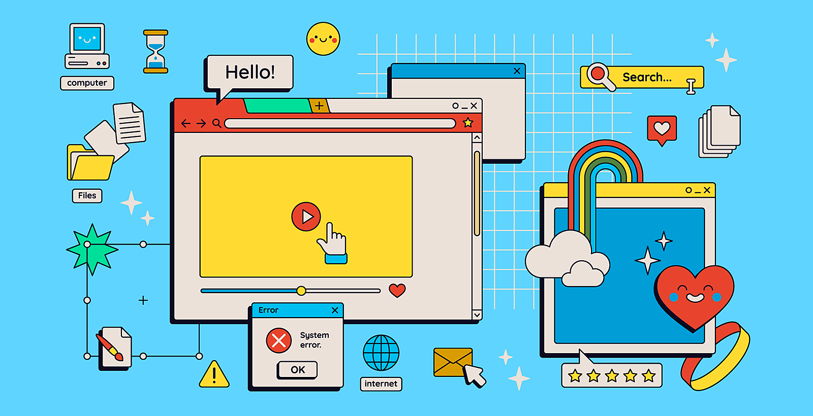 A colourful array of illustrated UI design elements on a blue background