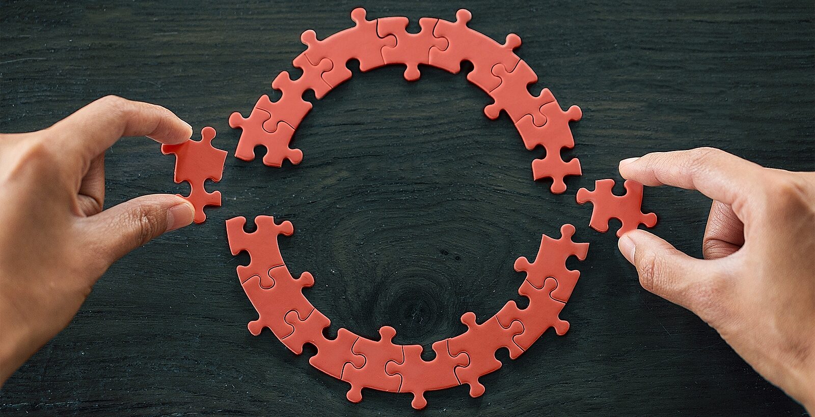 Two hands putting together a circular puzzle with red pieces