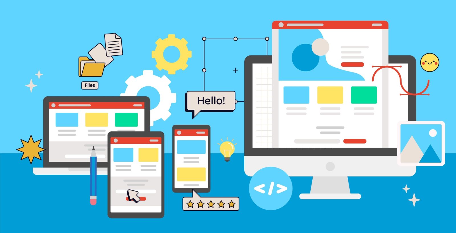 A colourful illustration of various UI elements on different screens