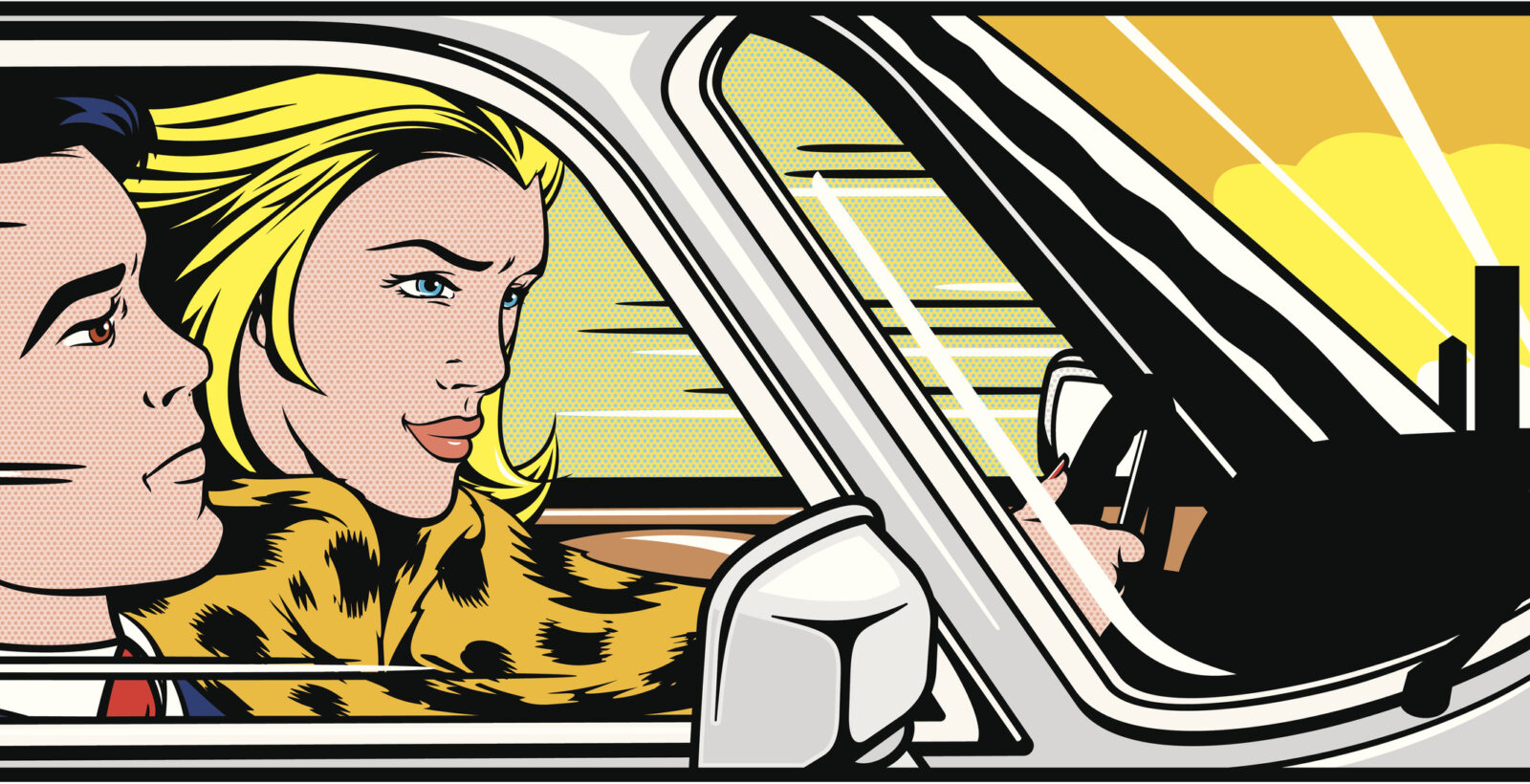 Illustration of Woman in fur coat and man racing to the city