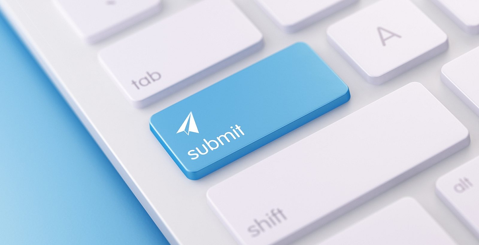 Blue submit key with send icon on it